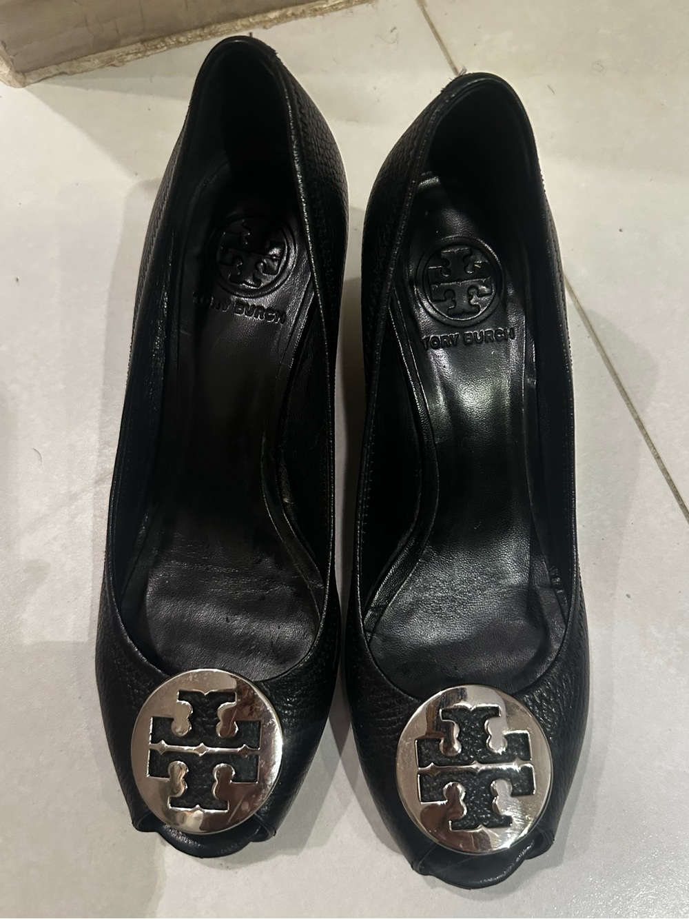 Tory Burch Black Leather Peep-Toe Flats with Silver Logo Medallion